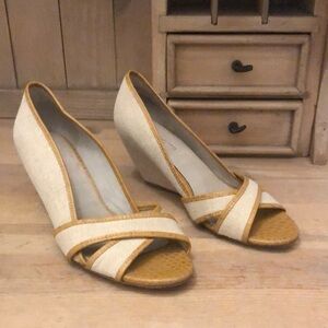 Elizabeth & James Prim Canvas Wedges Peep Toe Leather 8.5